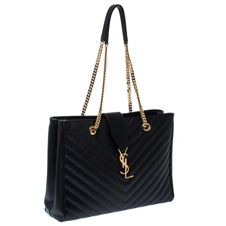 Pre Owned Saint Laurent Black Matelasse Leather Cassandre Shopper Tote