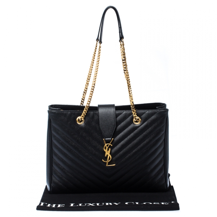 Pre Owned Saint Laurent Black Matelasse Leather Cassandre Shopper Tote