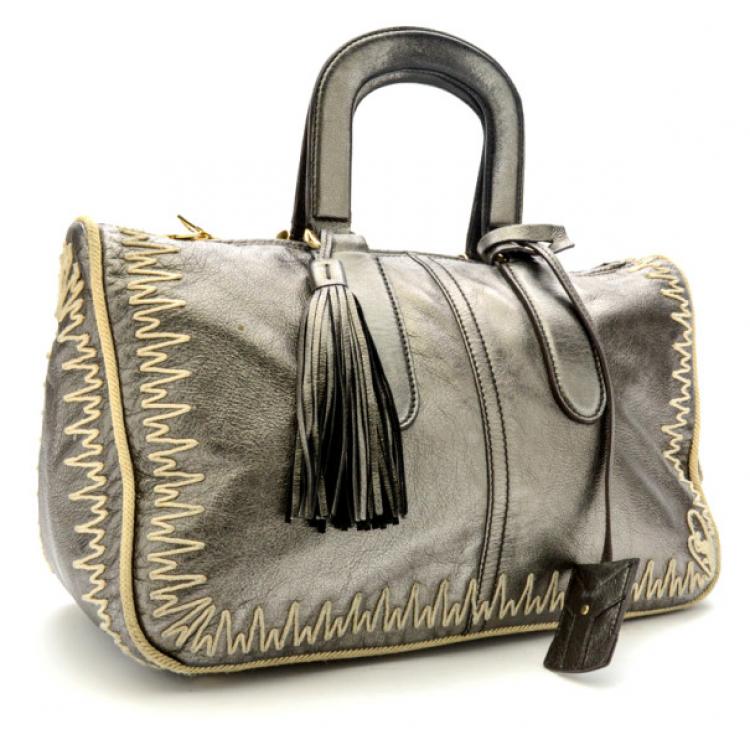 Pre Owned Yves Saint Laurent Silver Embroidered Boston Bag