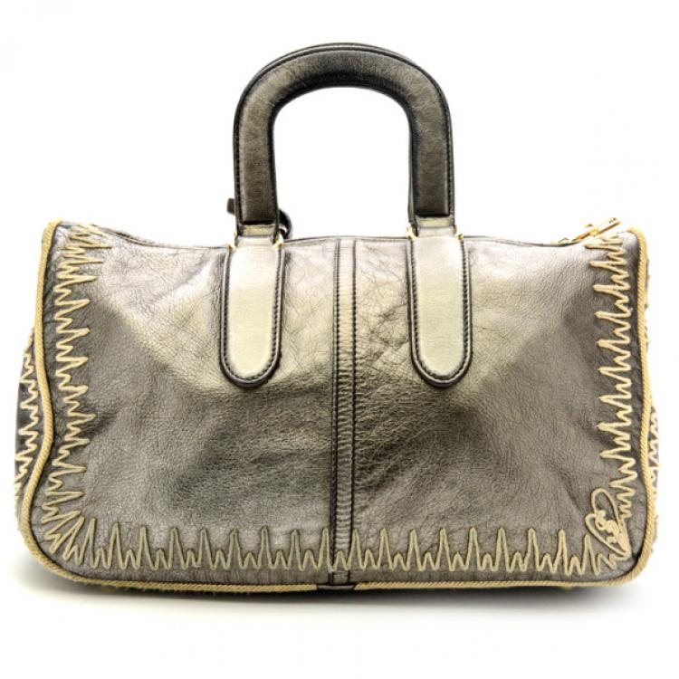 Pre Owned Yves Saint Laurent Silver Embroidered Boston Bag