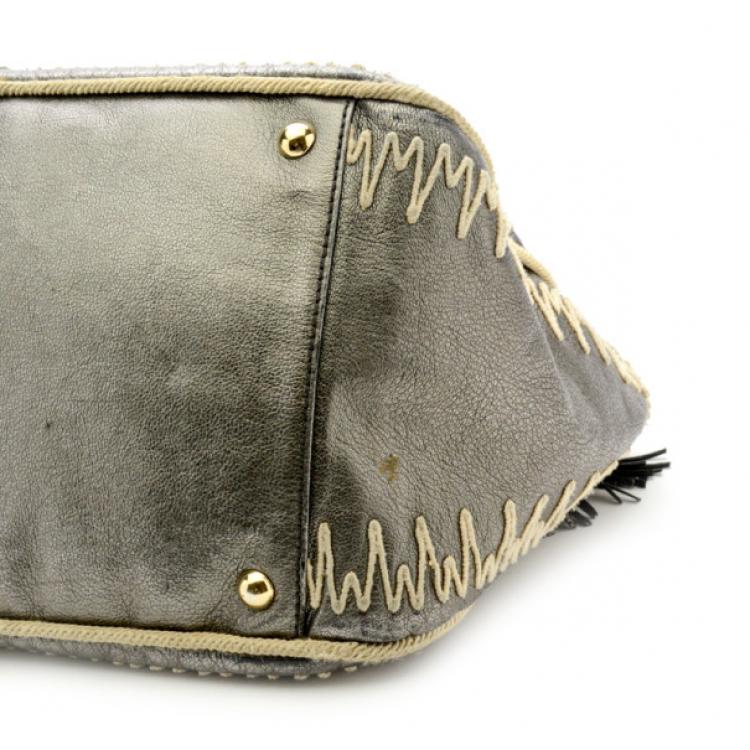 Pre Owned Yves Saint Laurent Silver Embroidered Boston Bag