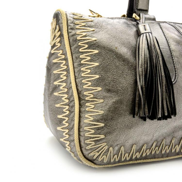 Pre Owned Yves Saint Laurent Silver Embroidered Boston Bag