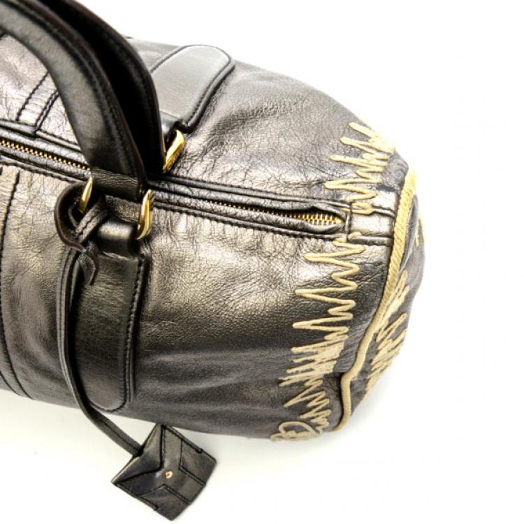 Pre Owned Yves Saint Laurent Silver Embroidered Boston Bag