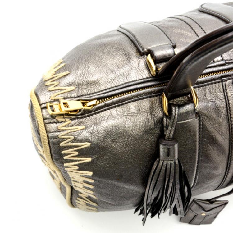 Pre Owned Yves Saint Laurent Silver Embroidered Boston Bag