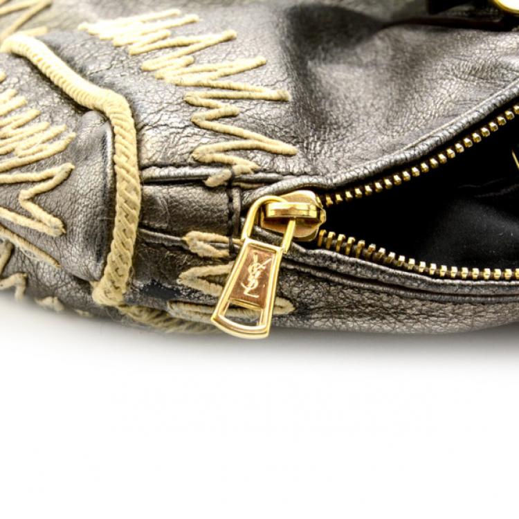 Pre Owned Yves Saint Laurent Silver Embroidered Boston Bag