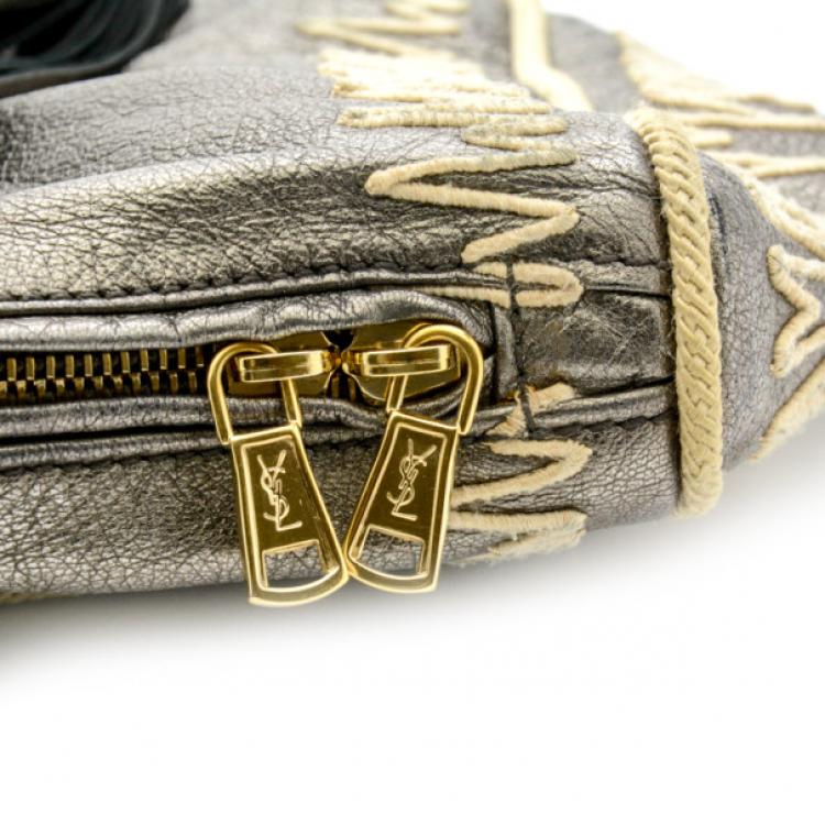 Pre Owned Yves Saint Laurent Silver Embroidered Boston Bag