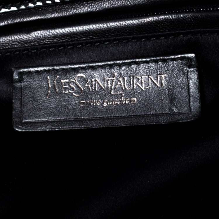Pre Owned Saint Laurent Paris Woven Raffia and Patent Leather Clutch 