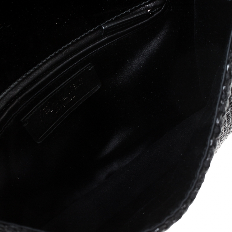 Pre Owned Saint Laurent Paris Woven Raffia and Patent Leather Clutch 