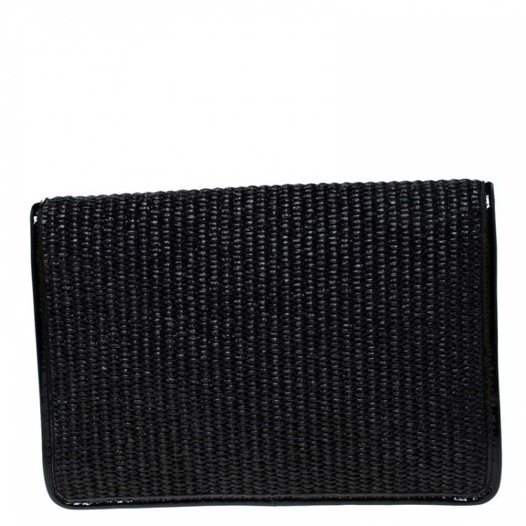Pre Owned Saint Laurent Paris Woven Raffia and Patent Leather Clutch 
