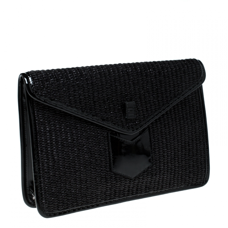 Pre Owned Saint Laurent Paris Woven Raffia and Patent Leather Clutch 