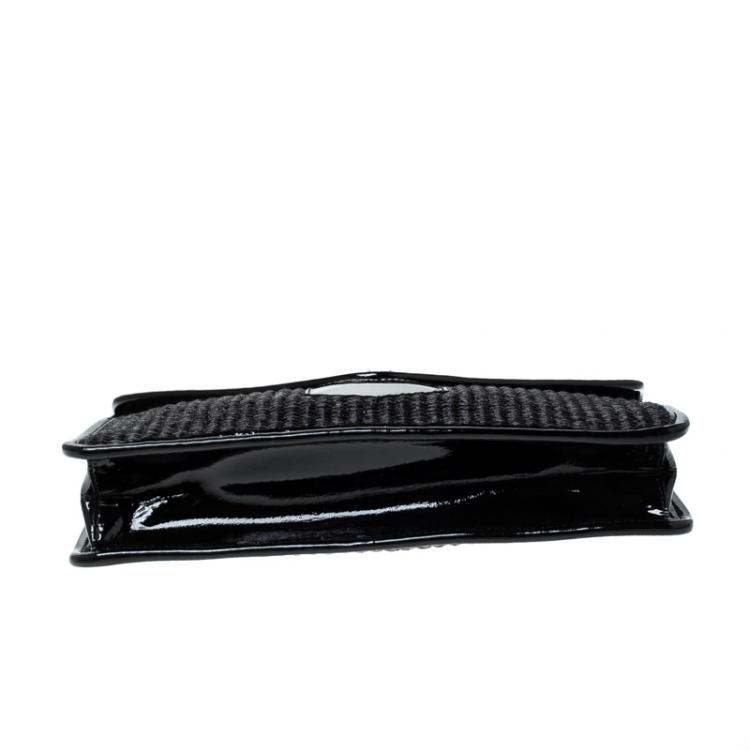 Pre Owned Saint Laurent Paris Woven Raffia and Patent Leather Clutch 