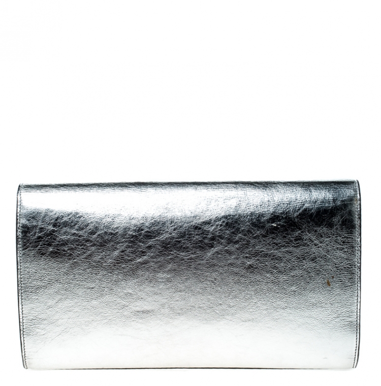Pre Owned Saint Laurent Paris Silver Leather Belle De Jour Flap Clutch