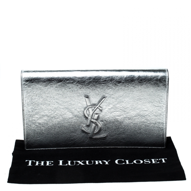 Pre Owned Saint Laurent Paris Silver Leather Belle De Jour Flap Clutch