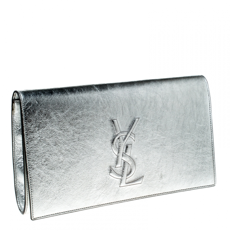Pre Owned Saint Laurent Paris Silver Leather Belle De Jour Flap Clutch