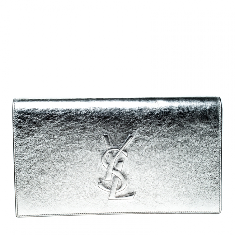 Pre Owned Saint Laurent Paris Silver Leather Belle De Jour Flap Clutch