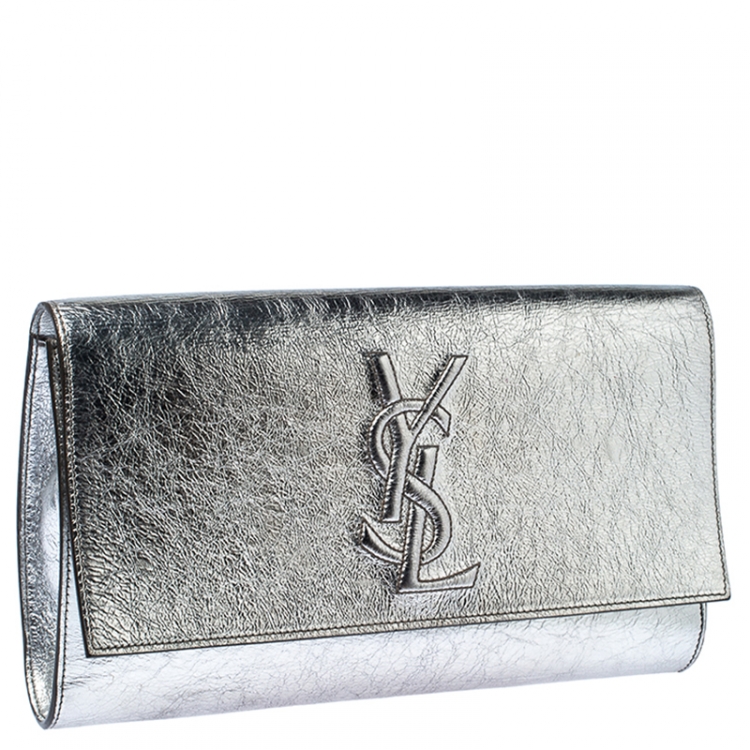 Pre Owned Saint Laurent Paris Silver Leather Belle De Jour Flap Clutch