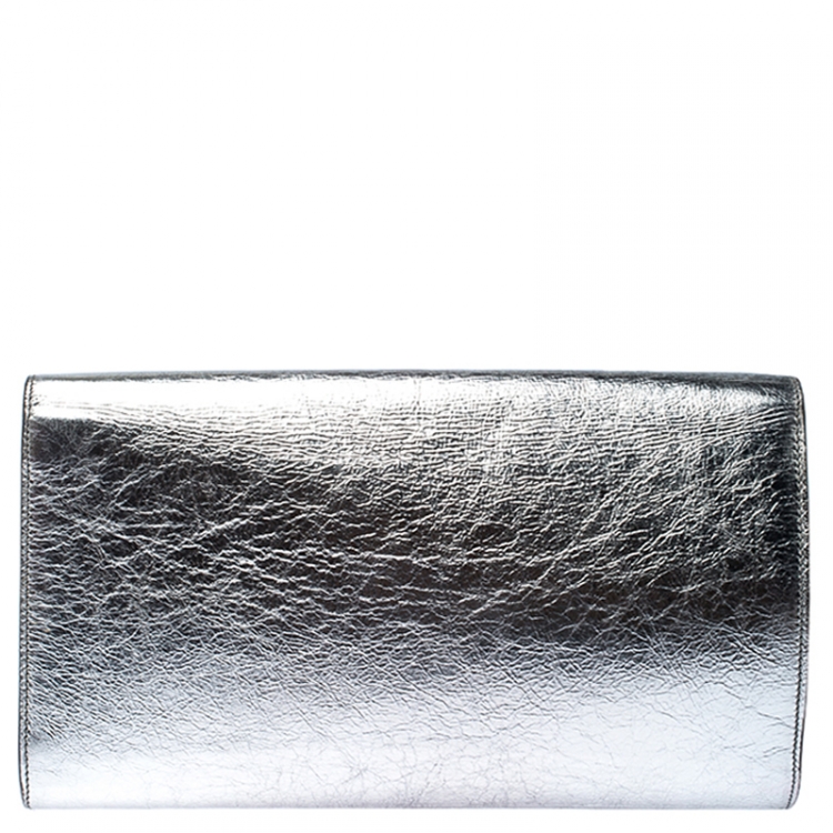 Pre Owned Saint Laurent Paris Silver Leather Belle De Jour Flap Clutch