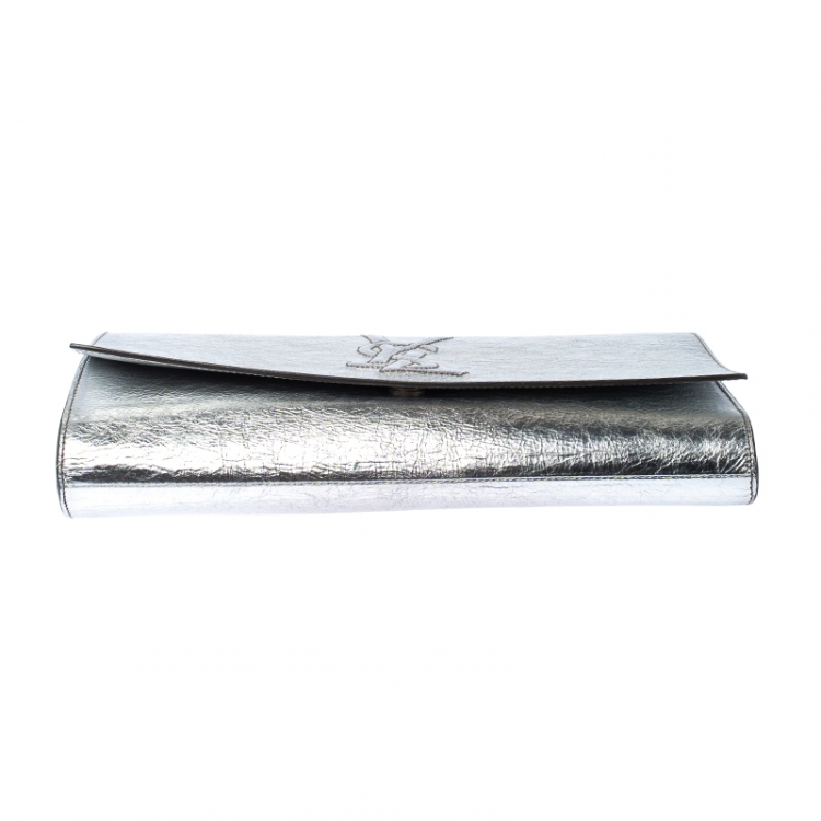 Pre Owned Saint Laurent Paris Silver Leather Belle De Jour Flap Clutch