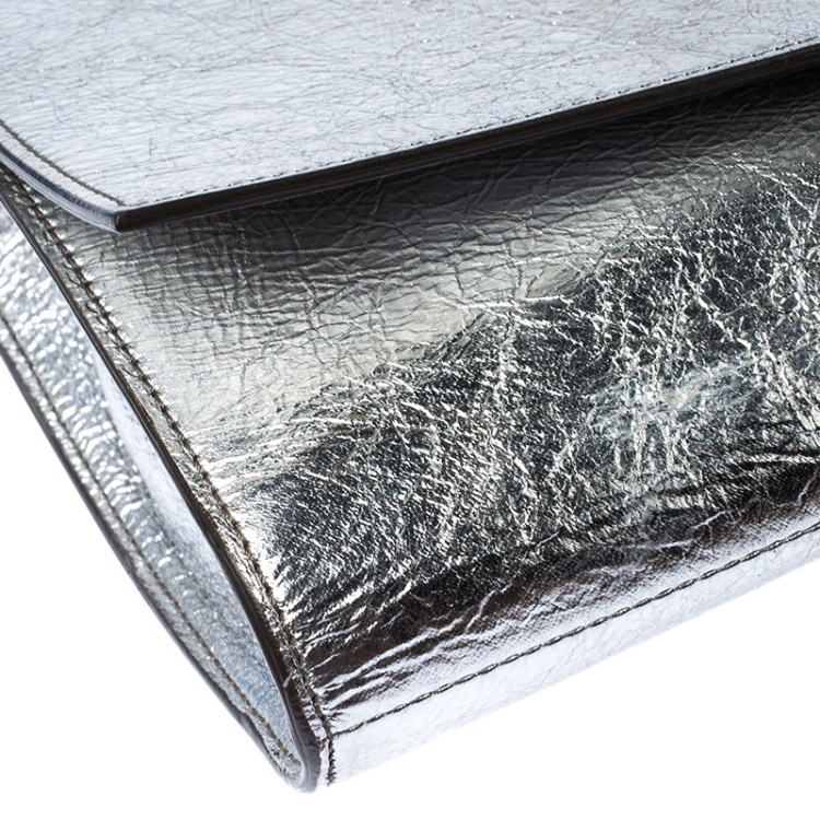 Pre Owned Saint Laurent Paris Silver Leather Belle De Jour Flap Clutch