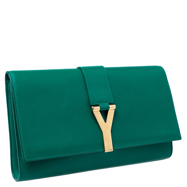 Pre Owned Saint Laurent Paris Green Leather Large Chyc Clutch