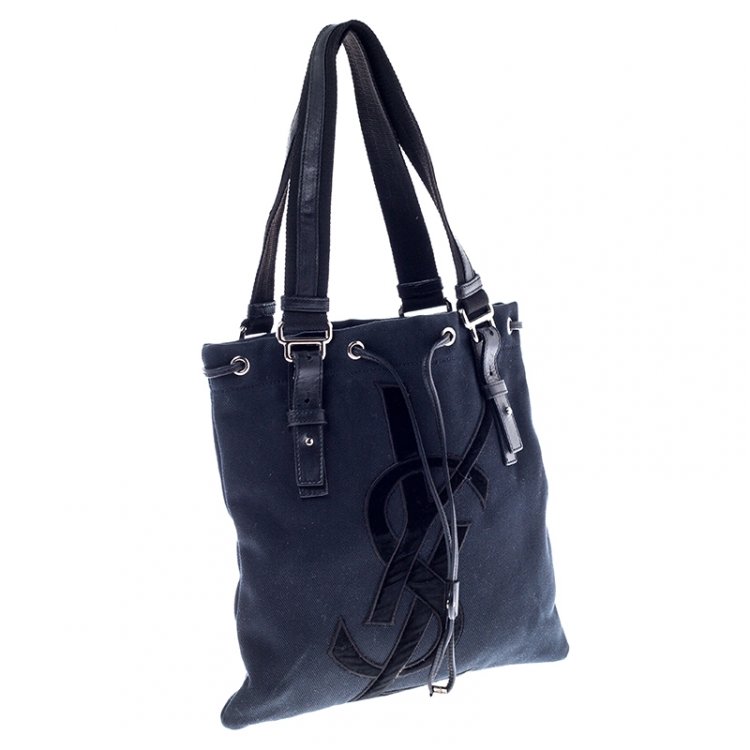 Pre Owned Saint Laurent Paris Black Canvas and Velvet Drawstring Kahala Tote