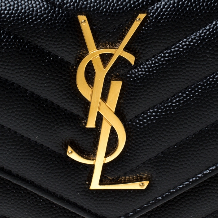 Pre Owned Saint Laurent Paris Black Matelassé Leather Monogram Flap Wallet