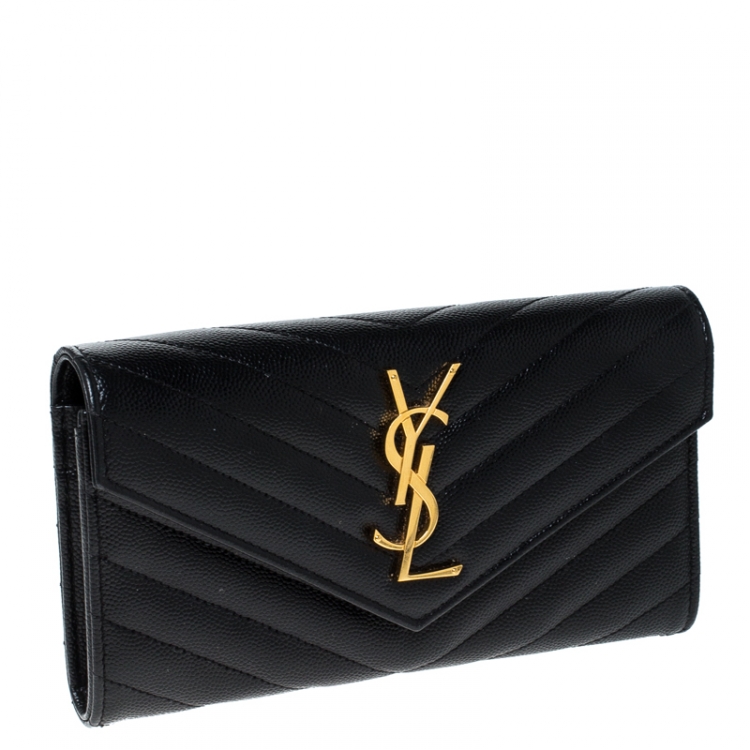 Pre Owned Saint Laurent Paris Black Matelassé Leather Monogram Flap Wallet