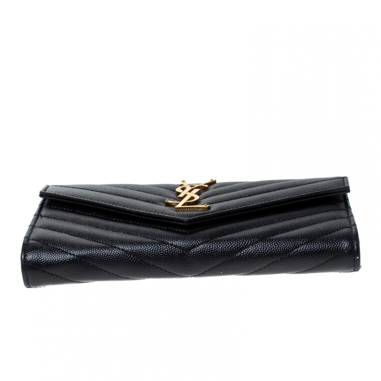 Pre Owned Saint Laurent Paris Black Matelassé Leather Monogram Flap Wallet