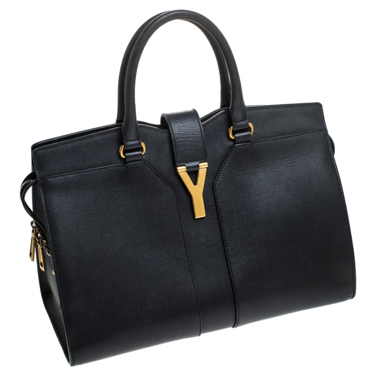 Pre Owned Saint Laurent Black Textured Leather Medium Cabas Chyc Satchel