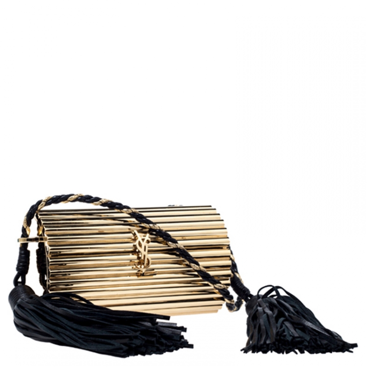 Pre Owned Saint Laurent Paris Gold/Black Plexiglass Opium Tassel Minaudiere Bag