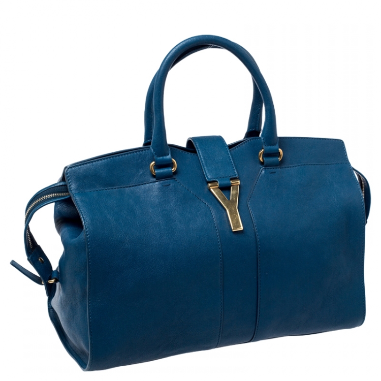 Pre Owned Saint Laurent Paris Blue Leather Medium Cabas Chyc Tote