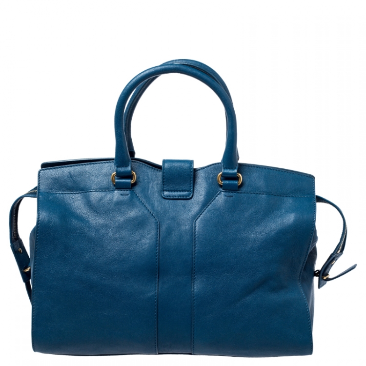 Pre Owned Saint Laurent Paris Blue Leather Medium Cabas Chyc Tote