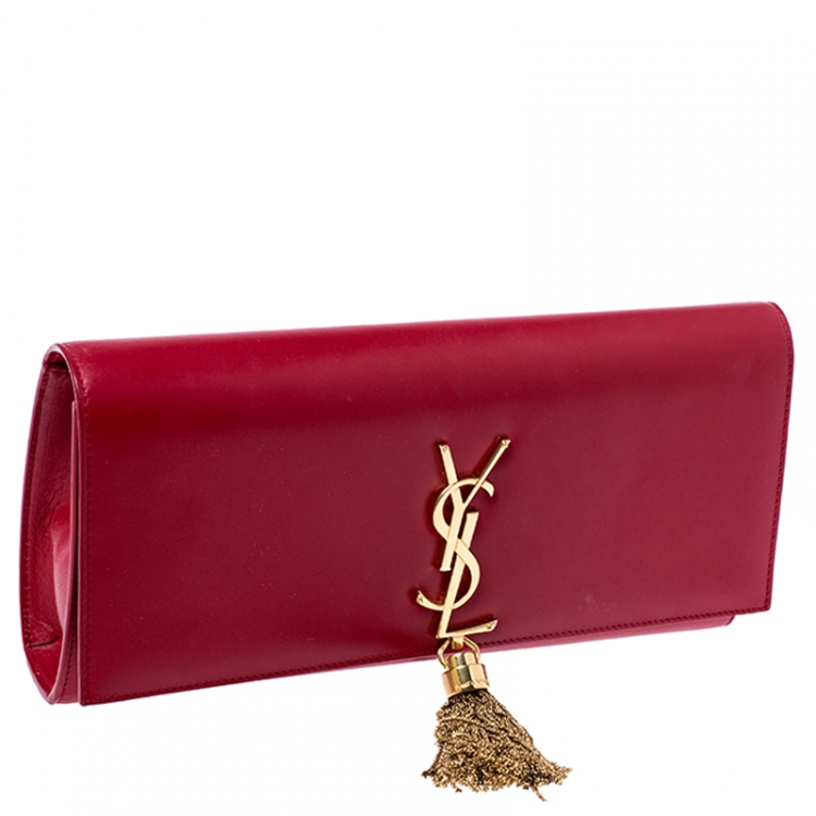 Pre Owned Saint Laurent Paris Red Leather Cassandre Tassel Clutch