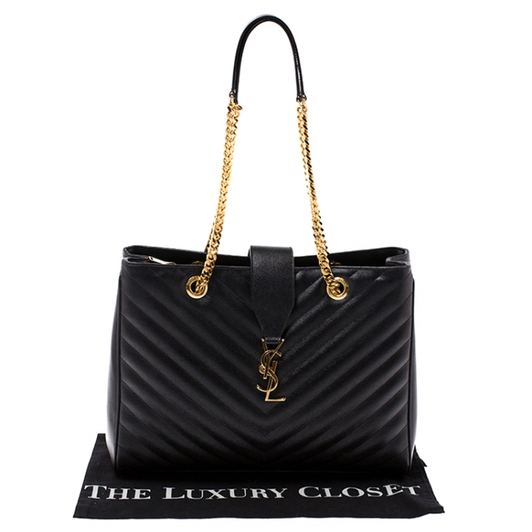 Pre Owned Saint Laurent Black Matelasse Leather Cassandre Shopper Tote