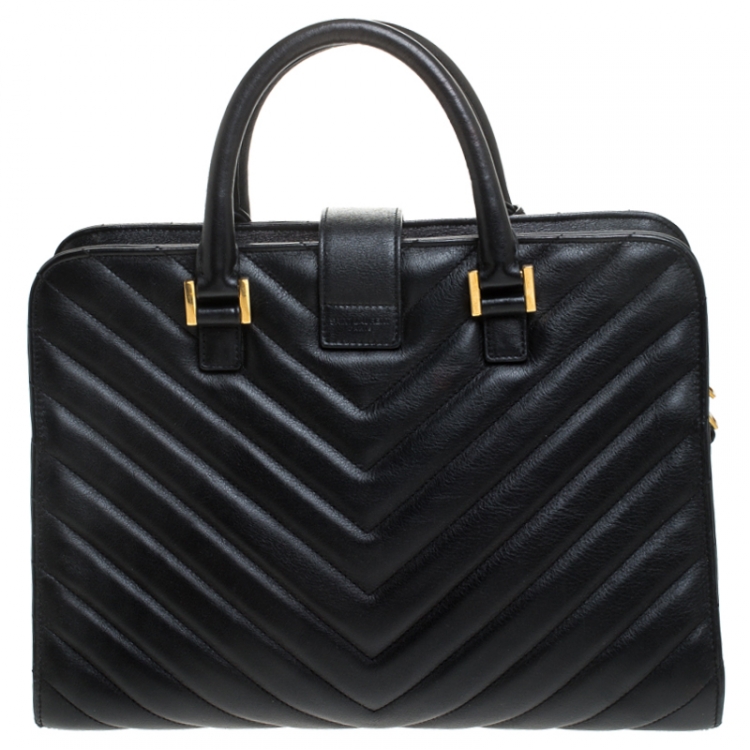 Pre Owned Saint Laurent Black Matelasse Leather Small Monogram Cabas Tote