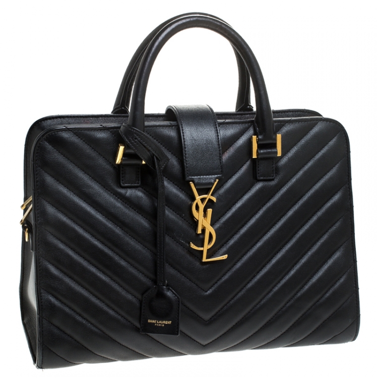 Pre Owned Saint Laurent Black Matelasse Leather Small Monogram Cabas Tote