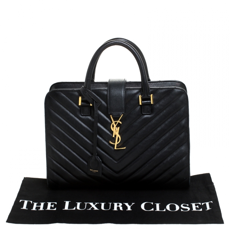 Pre Owned Saint Laurent Black Matelasse Leather Small Monogram Cabas Tote