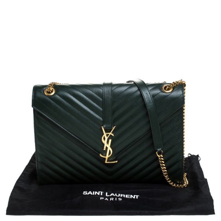 Pre Owned Saint Laurent Green Matelasse Leather Large Cassandre Flap Bag