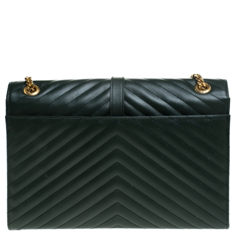 Pre Owned Saint Laurent Green Matelasse Leather Large Cassandre Flap Bag
