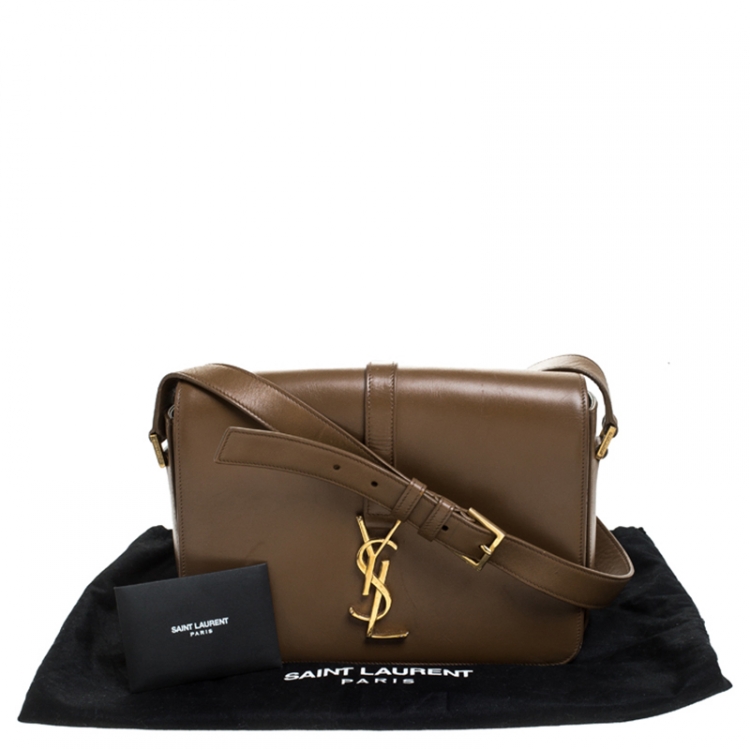 Pre Owned Saint Laurent Khaki Leather Monogram Université Flap Shoulder Bag