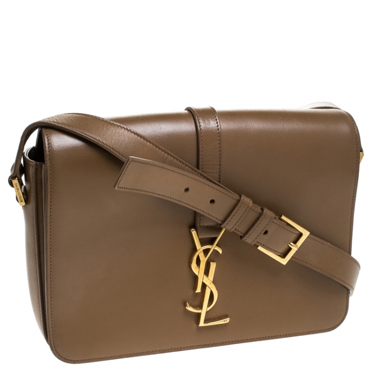 Pre Owned Saint Laurent Khaki Leather Monogram Université Flap Shoulder Bag