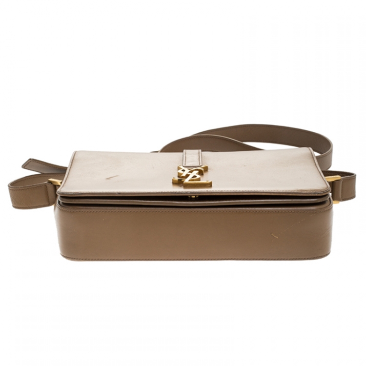 Pre Owned Saint Laurent Khaki Leather Monogram Université Flap Shoulder Bag