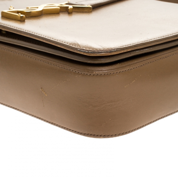 Pre Owned Saint Laurent Khaki Leather Monogram Université Flap Shoulder Bag