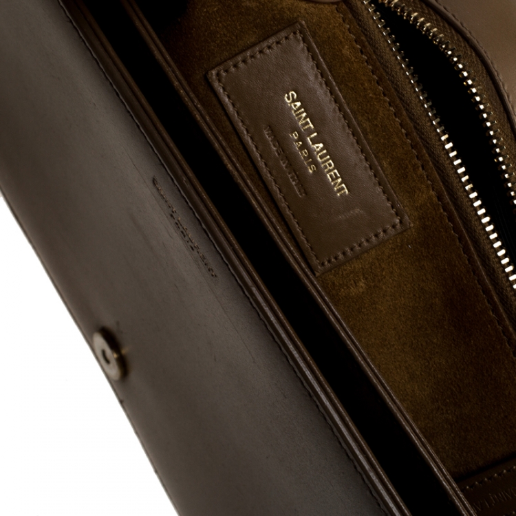 Pre Owned Saint Laurent Khaki Leather Monogram Université Flap Shoulder Bag