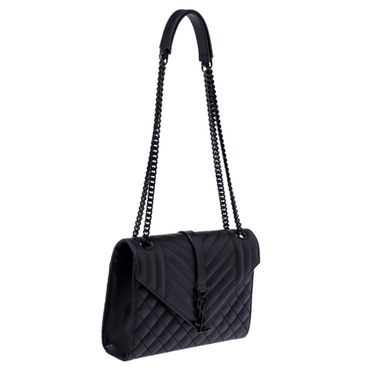 Pre Owned Saint Laurent Black Mix Matelasse Leather Medium Envelope Shoulder Bag