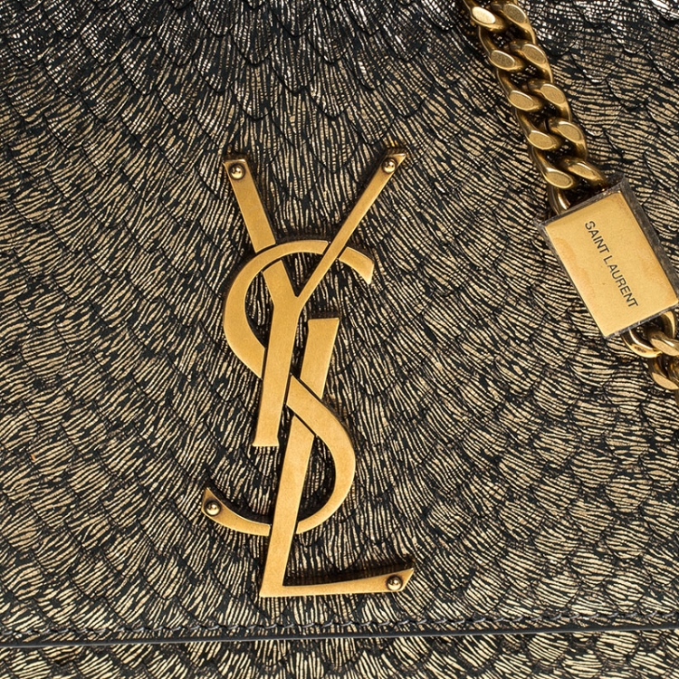 Pre Owned Saint Laurent Gold Snake Embossed Suede Small Kate Shoulder Bag