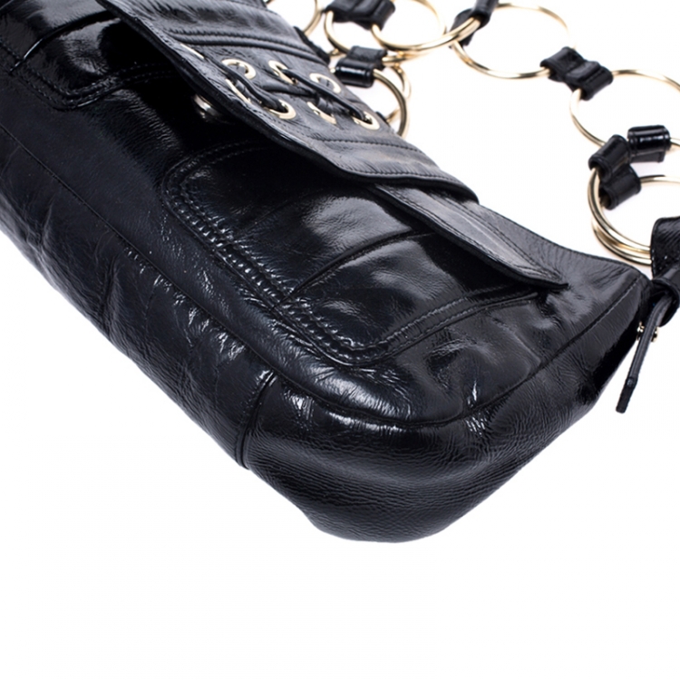 Pre Owned Saint Laurent Paris Black Corset Patent Leather Ring Handle Shoulder Bag