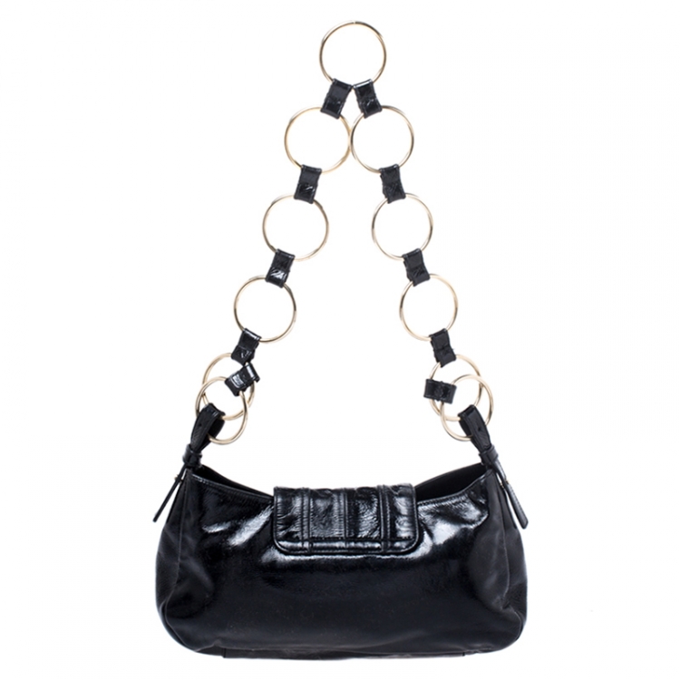 Pre Owned Saint Laurent Paris Black Corset Patent Leather Ring Handle Shoulder Bag