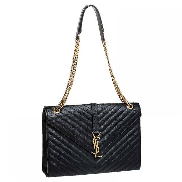 Pre Owned Saint Laurent Black Leather Monogram Envelope Shoulder Bag