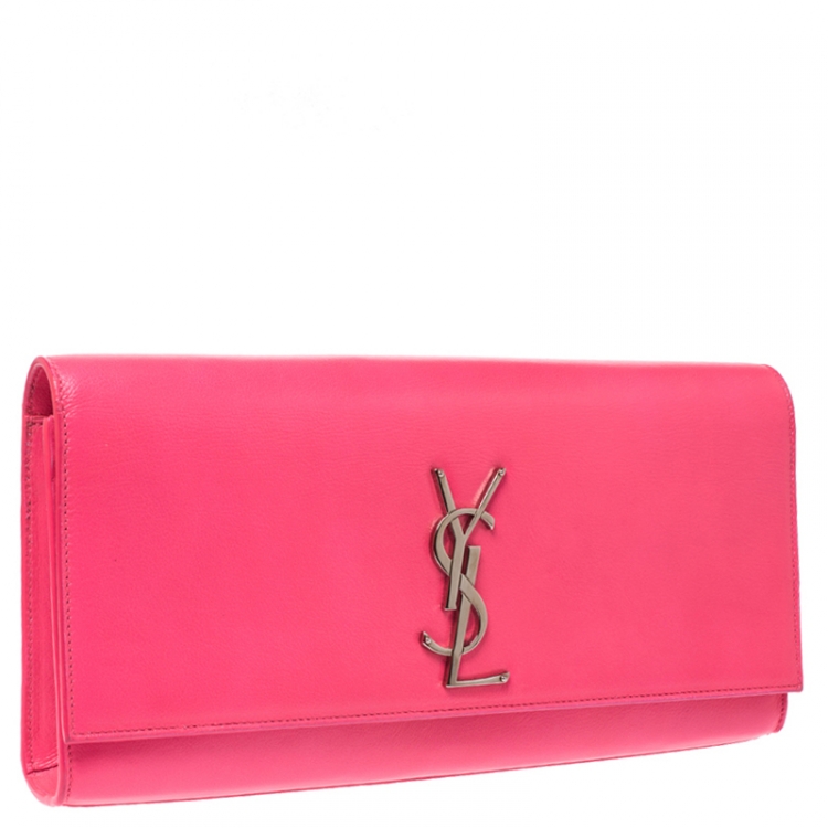 Pre Owned Saint Laurent Neon Pink Leather Cassandre Clutch